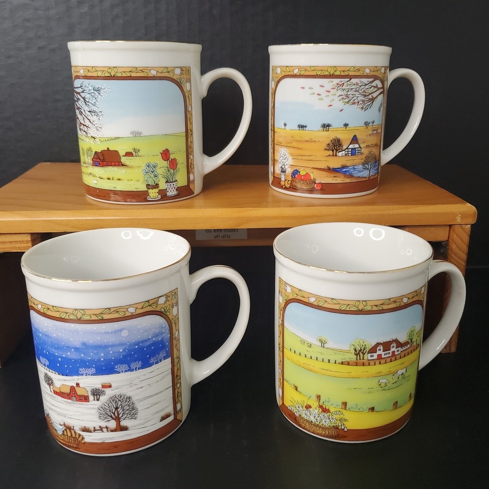 Four Seasons Japan‎ Ceramic Mugs Farm Landscape Barn Mug Set, Complete Set Of 4